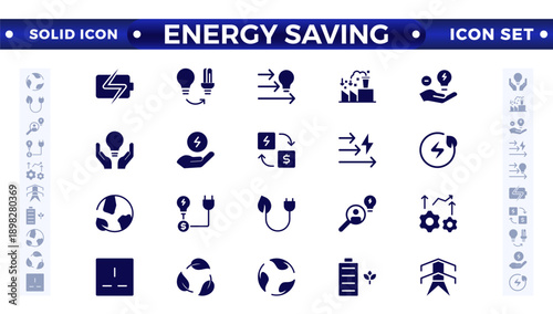 Energy Saving solid icon set with conservation, reduce waste, consumption, management, efficiency, gas emission, and greenhouse. Eco related icons Energy Costs, Power Consumption Level, Greenhouse 