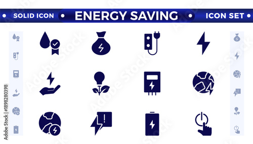 Energy Saving solid icon set with conservation, reduce waste, consumption, management, efficiency, gas emission, and greenhouse. Eco related icons Energy Costs, Power Consumption Level, Greenhouse 