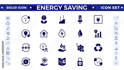 Energy Saving solid icon set with conservation, reduce waste, consumption, management, efficiency, gas emission, and greenhouse. Eco related icons Energy Costs, Power Consumption Level, Greenhouse 