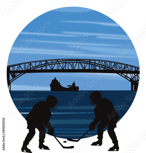 Winter sports concept illustration with hockey players, bridge silhouette and maritime background