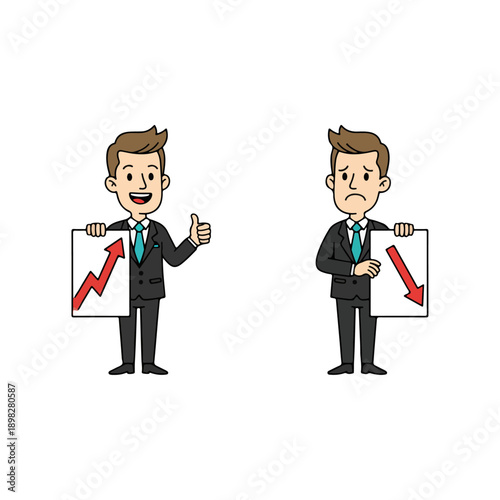 Two businessmen showing contrasting stock market trends with arrows.