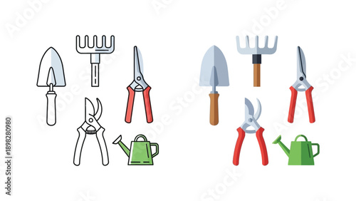 Collection of gardening tools shown in both line art outline and flat color icon styles representing horticulture and planting activities