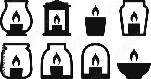 Set of eight black silhouette icons representing candles in various lanterns and holders