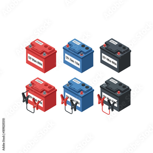 Isometric Car Batteries with Jumper Cables Set.