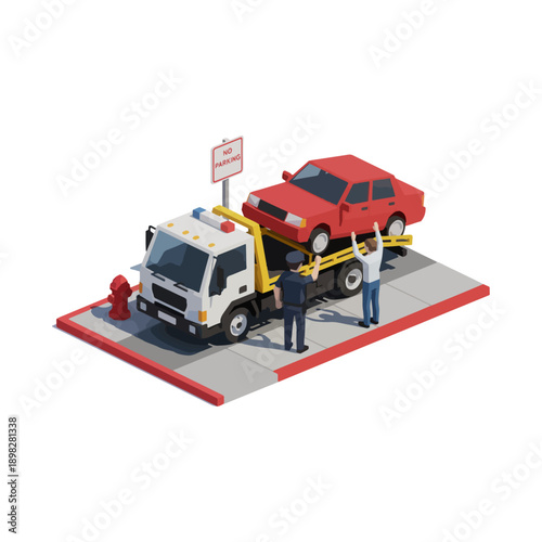 Towing truck with red car.