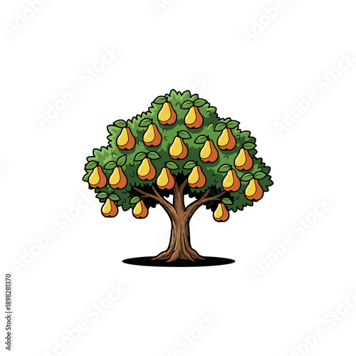 Vibrant cartoon pear tree laden with ripe yellow fruit.