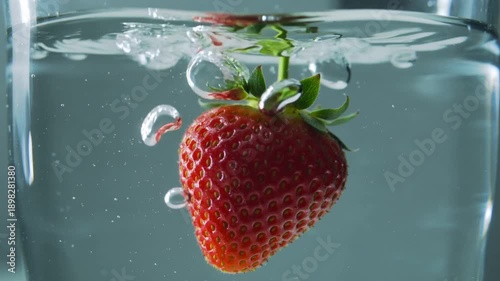 Fresh strawberry submerged in water with bubbles fruit freshness concept