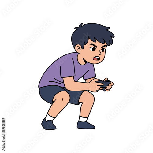 Young boy intensely focused on playing video games with a controller.