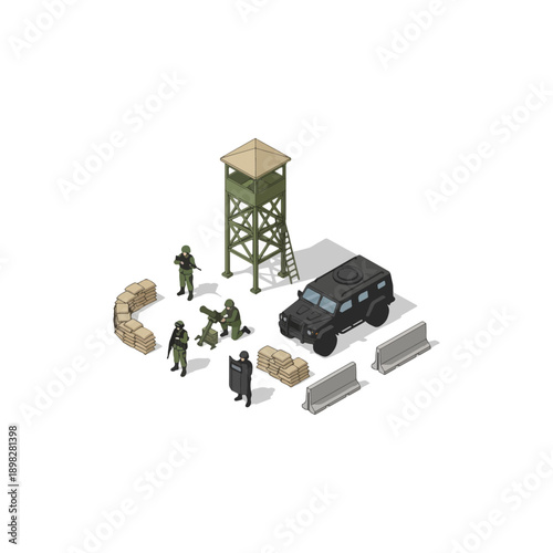 Military personnel with vehicle and watchtower.