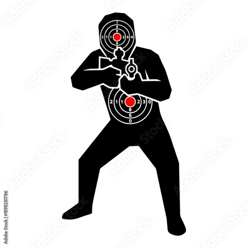 Man aiming gun at targets on body.