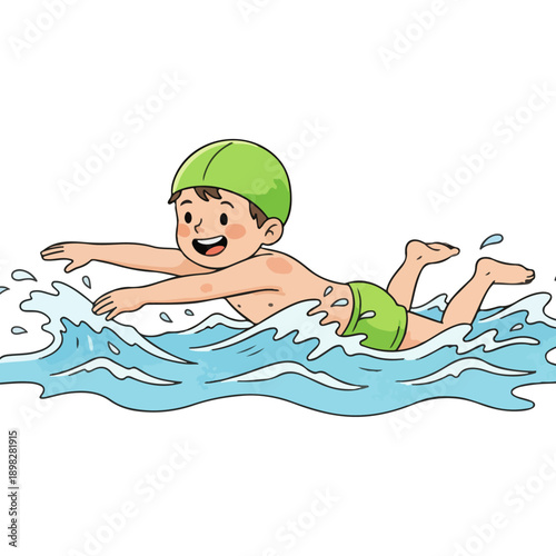 Young boy swimming freestyle in blue water.