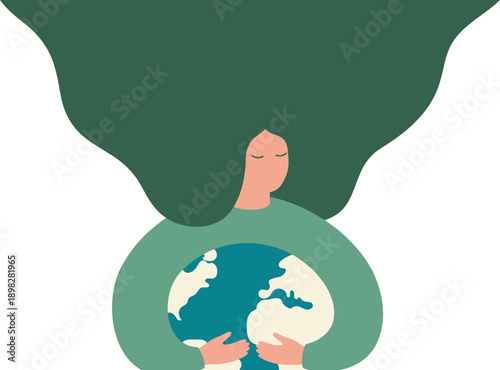 Conceptual Illustration of Woman Hugging the Earth Globe Representing Environmental Protection and Love