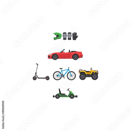 Collection of various recreational vehicles and safety gear for outdoor activities.