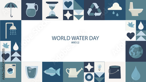 World Water Day Banner with Grid of Flat Icons Representing Water Usage Conservation and Environment