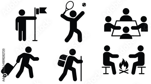 Stick figure human icons representing various outdoor activities and social interactions set