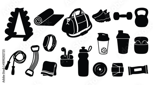 Gym equipment and fitness accessories silhouettes for workout and healthy lifestyle design