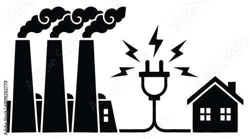 Industrial power plant connection to residential house with electricity plug and factory