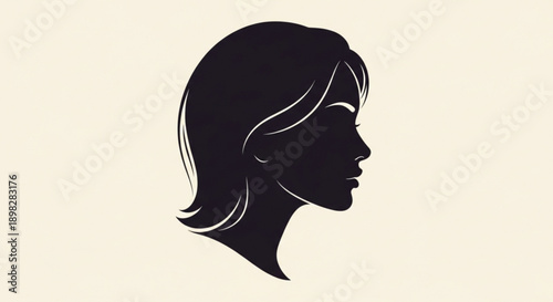 Black silhouette of a woman's head in profile with medium length hair on a beige background