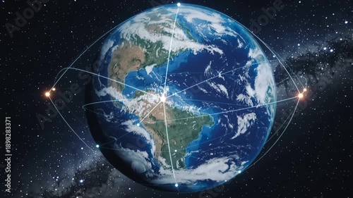Global Network Connections Earth Map with Lines and Dots in Space