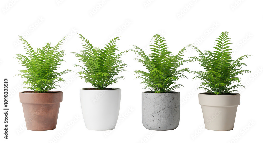Fototapeta premium Four potted ferns in different colored pots isolated on transparent background