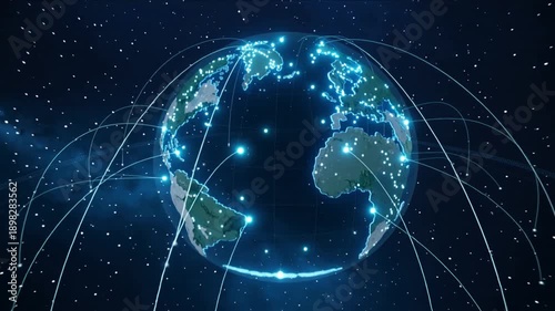 Global Network Connections Earth Map with Light Blue Lines and Dots on Dark Background