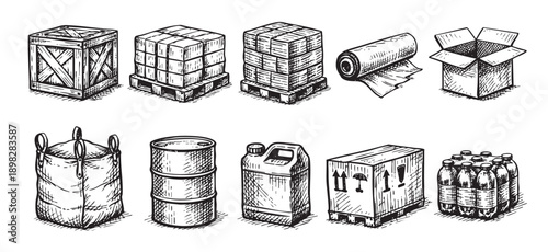 Black and white sketch of various industrial packaging items. Includes boxes, barrels, plastic wrap, and more. Great for illustrating logistics, shipping, storage, and manufacturing concepts.
