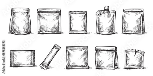 Hand-drawn collection of various packaging types including pouches, bags, and stick packs. Ideal for illustrating food products, supplements, or personal care items in a minimalist style.