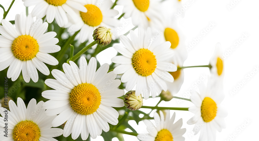 Fototapeta premium A delicate arrangement of Chamomile flowers, their pure white petals and sunny yellow centers bring a sense of calm and natural beauty.