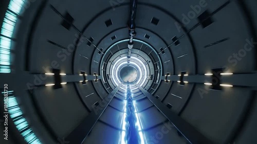 Futuristic tunnel with glowing blue light and metallic walls, sci-fi background, technology and