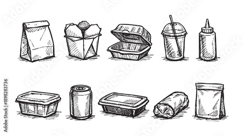 Black and white hand-drawn illustration of common takeout food containers. Great for food industry themes, restaurants, delivery services, and eco-conscious design.