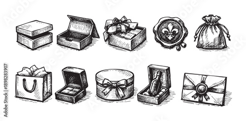 A variety of hand-drawn gift boxes, bags, and packaging illustrations in black and white. Ideal for Christmas, birthdays, sales, or holiday promotions.