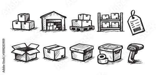 Hand-drawn style doodle set featuring shipping boxes, a warehouse, storage shelves, barcode scanner, and packaging. Perfect for illustrating logistics, e-commerce or delivery services.