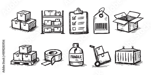 Hand-drawn illustration of shipping and logistics icons, including boxes, pallet, tape, fragile bottle, and shipping container. Ideal for illustrating e-commerce, delivery services.