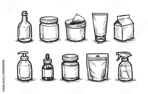 Black and white sketch of various product containers: bottles, jars, cans, and pouches. Perfect for branding, design mockups, and illustrating sustainability or handmade concepts.