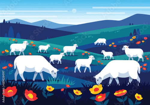 Flock of sheep grazing in green mountain valley vector landscape