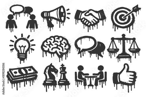 Collection of dripping icon illustrations for business and communication concepts.