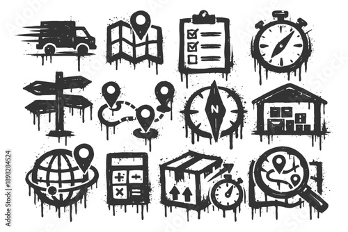 Grunge delivery and navigation icons: van, map, stopwatch, compass, package, warehouse, globe.