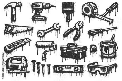 Dripping tool icons: hammer, drill, paintbrush, tape measure, saw, wrench, pliers, toolbox.