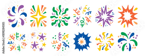 Firework colorful set collection doodle hand drawn icon. Outline drawing burst line clipart symbol.