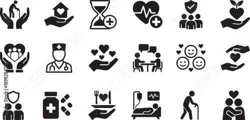 Elderly care icon set for senior health, assistance, nursing, support services and aged care concepts.
