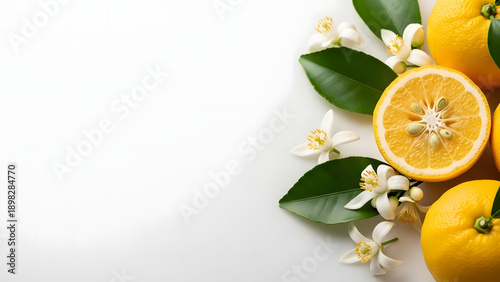 Slices of citrus fruit and white orange blossoms on white backdrop
