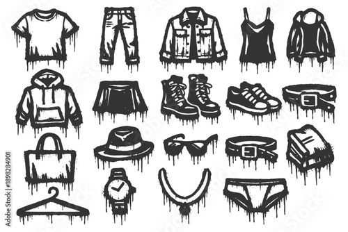 Dripping grunge clothing and accessories - collection of fashion items with ink details.