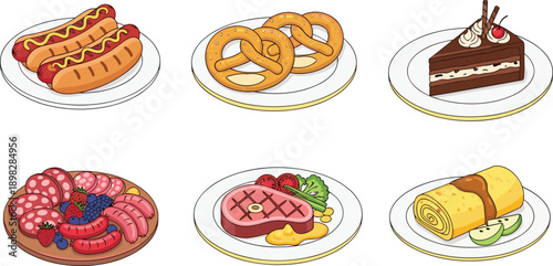 Delicious food illustration featuring hot dogs pretzels cake steak omelet and assorted meals set