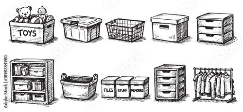 Black and white hand-drawn illustrations of various storage containers, baskets, and furniture. Great for organization, decluttering, design, and household-related themes.