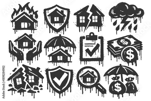 Grunge style disaster and home insurance symbols collection.
