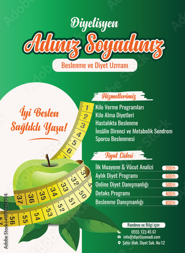 Turkish flyer, poster, and price list template design for dietitian advertising