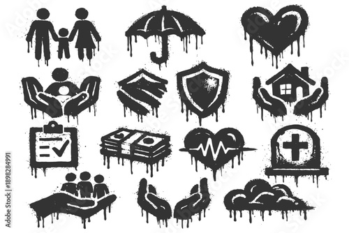Grunge insurance icons: family, health, home, and safety symbols in black and white.