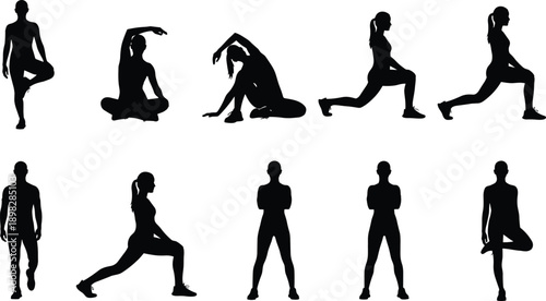 Female fitness silhouette set, yoga and stretching poses, workout exercises, isolated white background vector 