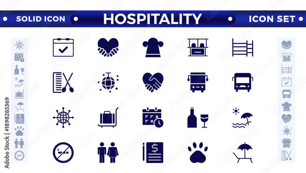 Obraz premium Set of solid icons related to the hospitality industry. Travel set. Summer vacations and holiday symbol vector illustration. traveling tourism elements. 
