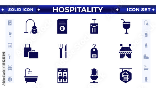 Set of solid icons related to the hospitality industry. Travel set. Summer vacations and holiday symbol vector illustration. traveling tourism elements. 
